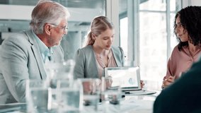 Accountant, meeting or business people with tablet or graphs for teamwork, data analytics or research. Screen, economy or financial advisors in conversation or discussion for sales charts or revenue - Powered by Shutterstock - Get 15% off with code: PIKWIZARD15