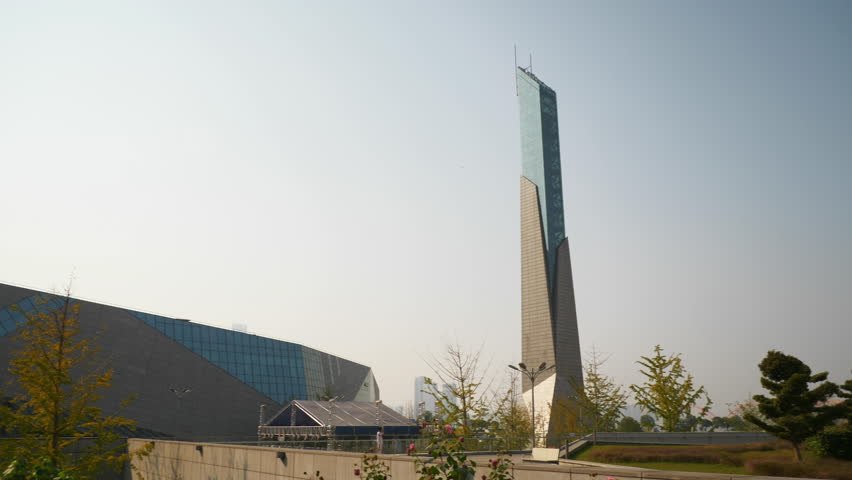 sunset light changsha city famous cultural delta complex tower square slow motion panorama 4k china