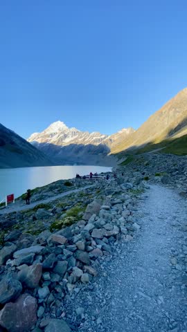 Beautiful landscape views of Majestic Mount Cook over Hooker Lake 