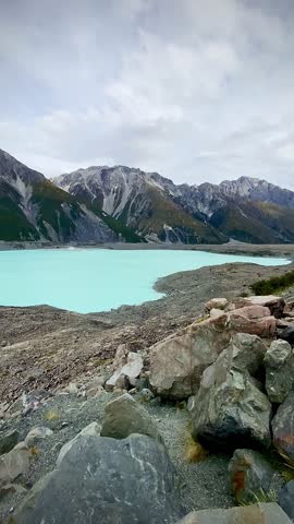 Panoramic landscape of Tasman Glacier Lake from the viewpoint, Mount Cook National Park, New Zealand 