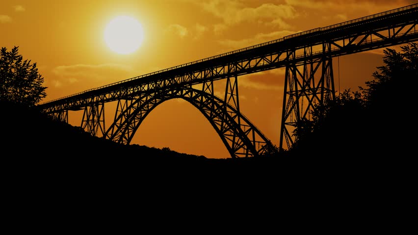 Bridge Silhouette Trees Nature Landscape Structure, against the backdrop of a vibrant sunset