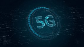 Motion graphic of Blue digital 5G letter and circle futuristic HUD elements with flowing arrows with generation of connection technology concepts on abstract background - Powered by Shutterstock - Get 15% off with code: PIKWIZARD15