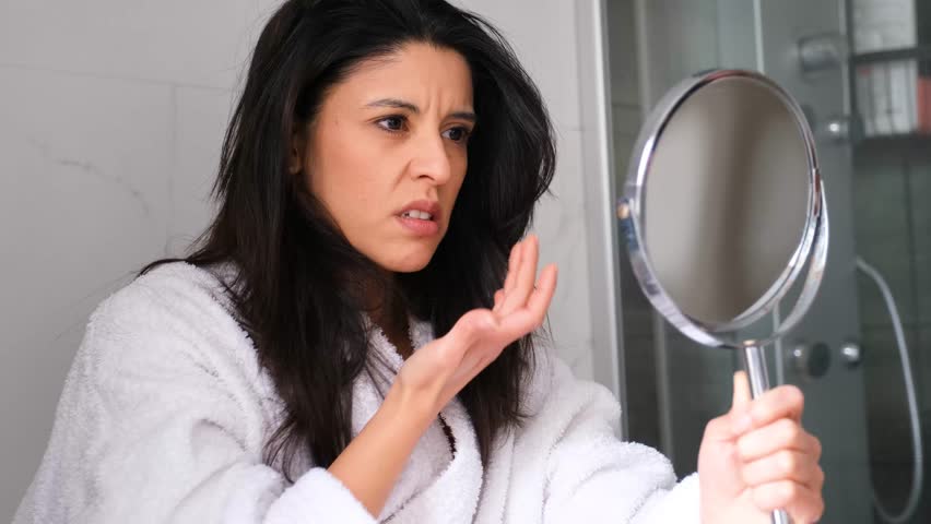 A woman is looking at herself in a mirror, she is frowning angry about her wrinkles and skin, wearing a white robe