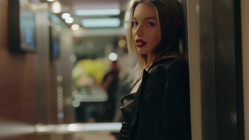 Profile of a thoughtful woman standing alone in a modern urban environment, illuminated by colorful lights. She appears lost in contemplation, evoking feelings of solitude and introspection.