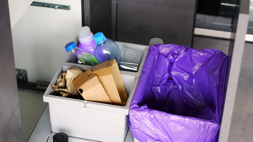 Household bins for waste sorting in the kitchen for recycle. Plastic, paper, bio and mixed waste. Sorting waste at home concept. High quality 4k footage