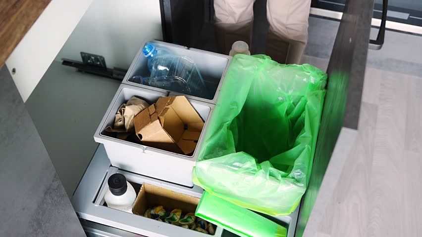 Hand of woman throwing trash into household bins for waste sorting in the kitchen for recycle. Plastic, paper, bio and mixed waste. Sorting waste at home concept. High quality 4k footage