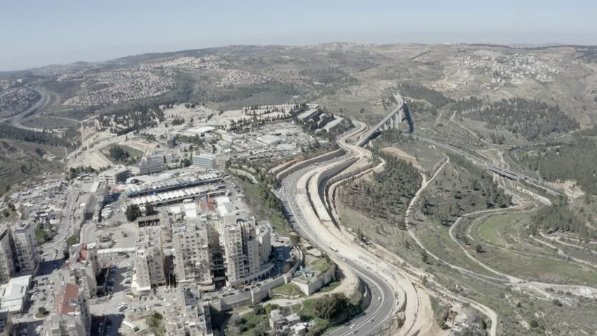 Jerusalem Entrance with Givat Shaul and Train Bridge, Aerial
Drone footage, Israel, Panorama
