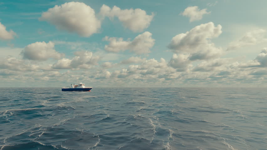 Small OSV Offshore Supply Ship sailing in the North Sea at beautiful sunset. Realistic 3d Rendering concept of future navigation of motor vessels. 3D Illustration