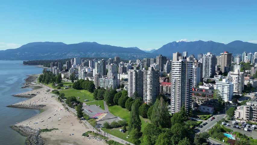 Burrard Bridge and West End Vancouver drone aerial in Summer