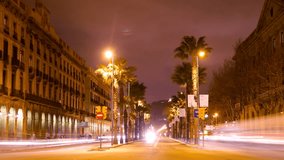 a timelapse scene at night in barcelona, spain