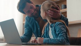 Family at home kitchen little daughter kid child girl schoolgirl confused with study need help learning e-learning laptop distant computer education writing homework difficult ask father for helping - Powered by Shutterstock - Get 15% off with code: PIKWIZARD15