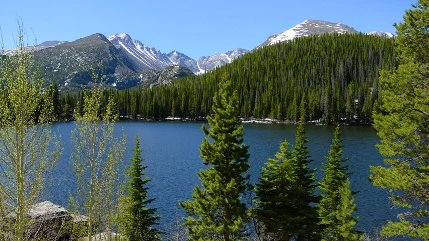 Spring at Bear Lake - A panoramic view of Longs Peak and Glacier Gorge at blue Bear Lake on a breezing Spring morning, Rocky Mountain National Park, Colorado, USA.