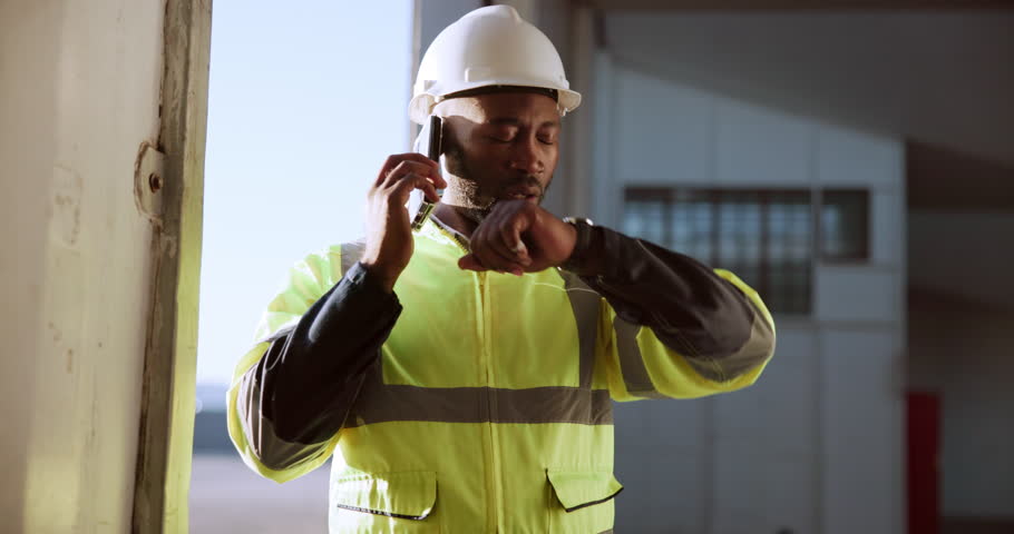Phone call, construction worker and coughing on site with allergies, sick or communication for project management. African engineer, mobile chat or ill from dust in factory with discussion or talking