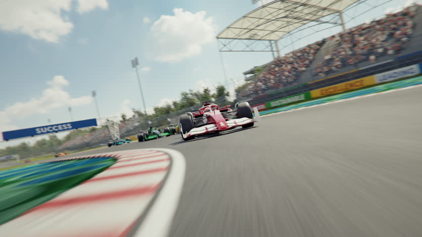 Dynamic front view shot of a generic formula one race car racing along the homestretch over the finish line. 3d animation rendering. 