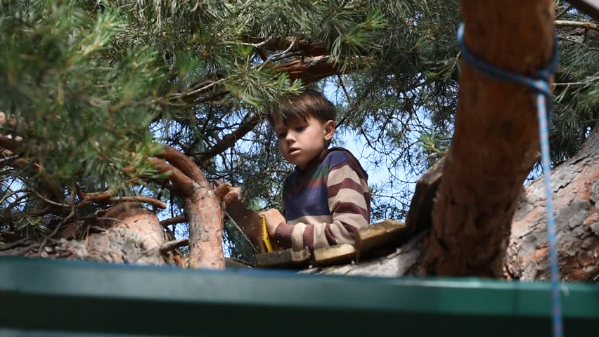 A pre-adolescent boy with a hacksaw on a tree. Leisure time during the summer holidays

