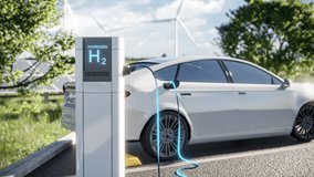 Electric car charging at a hydrogen station, with wind turbines in the background. The footage shows modern, eco-friendly transportation. Vertical video for social media and smartphone screens. - Powered by Shutterstock - Get 15% off with code: PIKWIZARD15