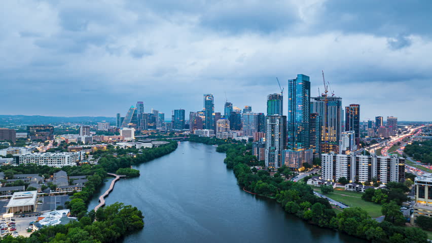 Transformation from day to night in Austin, Texas. Hyperlapse showcases American city