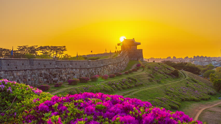 4K Time lapse video. Spring and Sunset at Hwaseong Fortress, Suwon City South Korea.