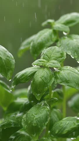 Raining on green basil herbs in spring nature, fresh rainy weather, vertical video