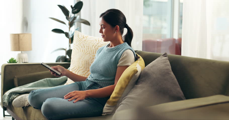 Woman, calm and relax on sofa in home on Saturday afternoon for weekend break, eyes closed and zen for mental health. Female person, peace and comfortable to unwind, couch and rest with mindfulness.