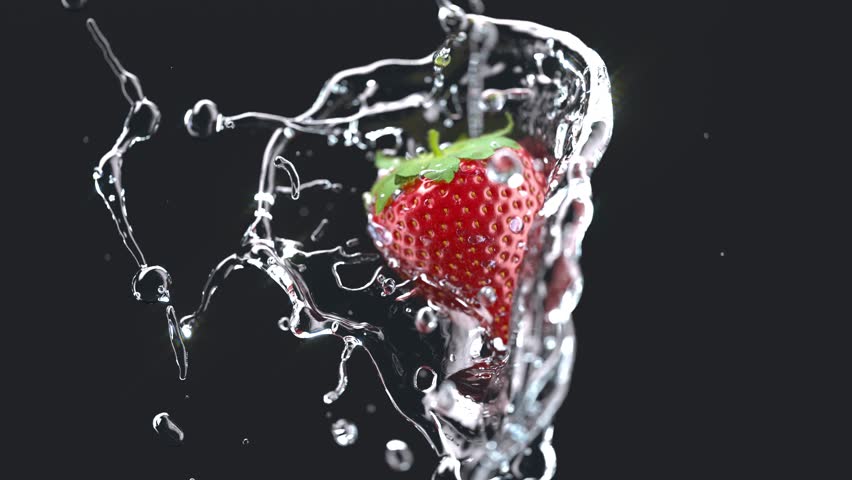 Strawberry falling in water splash slow motion, depth of field, 3d rendering. Berry macro fall in animated ripple underwater, black background, 4k. Slow-mo strawberries in aqua motion. 3D Illustration - Powered by Shutterstock - Get 15% off with code: PIKWIZARD15