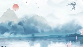 Mysterious landscape China's traditional Oriental Digital Art animation, Chinese retro painting ink misty mountain with flowers, tree, birds, river in fog background. China Japan scenery artwork - Powered by Shutterstock - Get 15% off with code: PIKWIZARD15