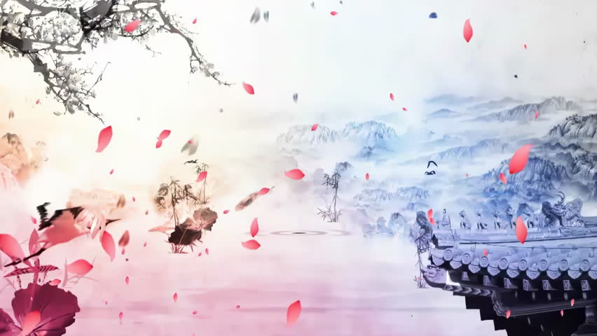 Mysterious landscape China's traditional Oriental Digital Art animation, Chinese retro painting ink misty mountain with flowers, tree, birds, river in fog background. China Japan scenery artwork