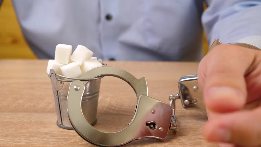 A man is handcuffed to a bucket of sugar. Sweet addiction. Slow motion