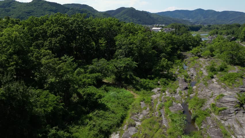 Reveal of rural Japanese village behind small forested hill