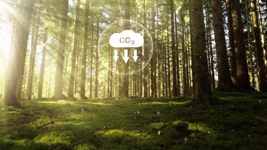 Carbon dioxide icon inside sunny green forest. Concept ecology video.	
