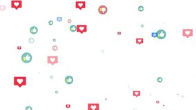 Thumbs up, thumbs down, hashtag, and heart icons floating on white background. SNS, reflecting influencer popularity, likes, dislikes, trends, and social interaction concept. 4K motion graphics - Powered by Shutterstock - Get 15% off with code: PIKWIZARD15