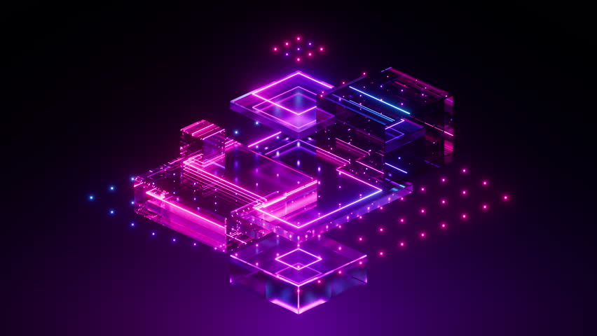 looping 3d animation. Abstract geometric shapes, floating glass blocks and particles. A futuristic cybernetic structure, glowing neon lights in purple and pink - Powered by Shutterstock - Get 15% off with code: PIKWIZARD15