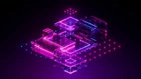 looping 3d animation. Abstract geometric shapes, floating glass blocks and particles. A futuristic cybernetic structure, glowing neon lights in purple and pink - Powered by Shutterstock - Get 15% off with code: PIKWIZARD15