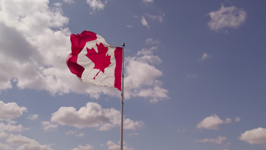 National flag of Canada waving in Toronto, Ontario, Canada for honour. Canadian flag flies at mast.