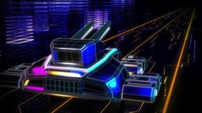 Autonomous Sci-fi Armored Tank Slow Drive Through Futuristic Matrix City Street. Autonomous Sci-fi Luminous Vehicle Hovering Drive. Futuristic Autonomous Sci-fi Glowing Digital Model Drive. - Powered by Shutterstock - Get 15% off with code: PIKWIZARD15