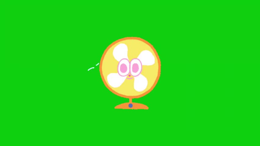 Yellow electric fan in simple design on green screen, fron view, air blower blowing, cartoon circulation cooler electronic fan, flutter hot machine rotate summer technology turbine ventilator wind.