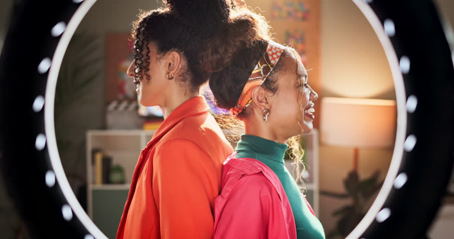 Ring light, face and women in a house with social media, recording or fun content creation together. Blog, portrait and gen z beauty influencer friends at home with live streaming, post or vlogging