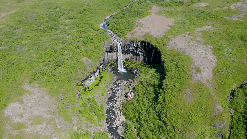 Aerial view of the spectacular Svartifoss waterfall, into the Skaftafell area of Vatnajokull National Park provides visitors with a breathtaking view of Svartifoss (Black Falls).