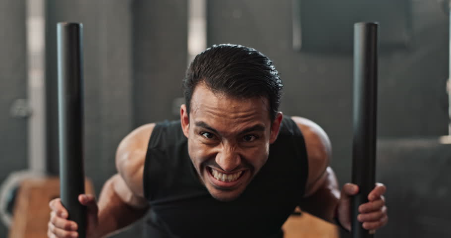 Gym, Asian man and weight sled for fitness or exercise and muscle with strength for body building. Bodybuilder, training and energy with workout for healthy living or balance and strong for wellness