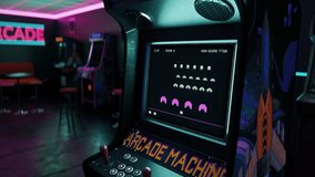Retro Arcade Cabinet Displays Spaceship Destroying Aliens To Achieve High Score. Classic Arcade Cabinet With Pixel Video Game On Display. Shooting Enemies On Display Of Arcade Cabinet - Powered by Shutterstock - Get 15% off with code: PIKWIZARD15