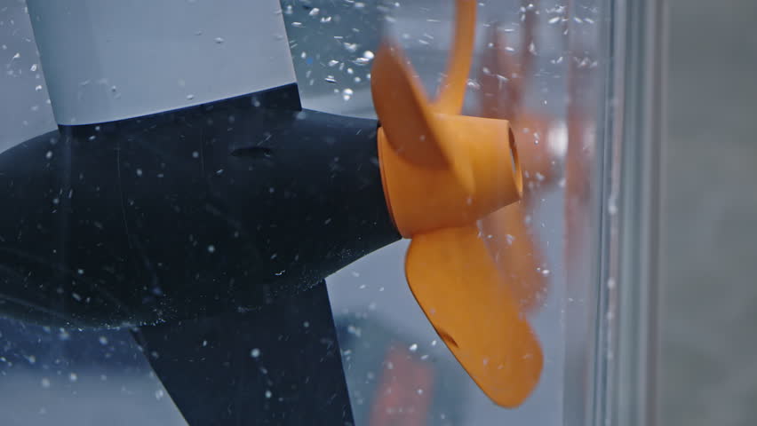 Experimental ship propeller model rotates in clear water closeup. Presentation of new effective device imparting momentum to fluid during vessel sailing. Modern science and technology