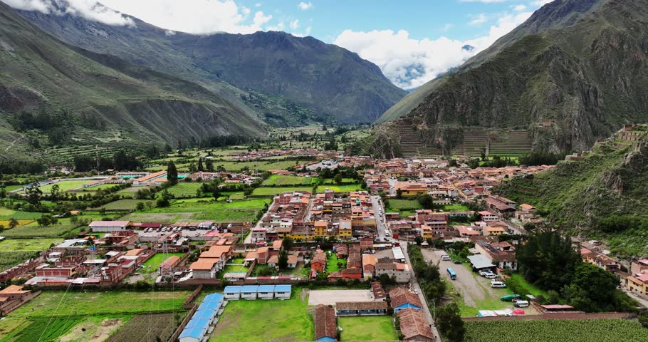 Aerial view. Famous Valley of the Incas. The small town of Ollantaytambo, Peru. Very beautiful terraces and mountains.