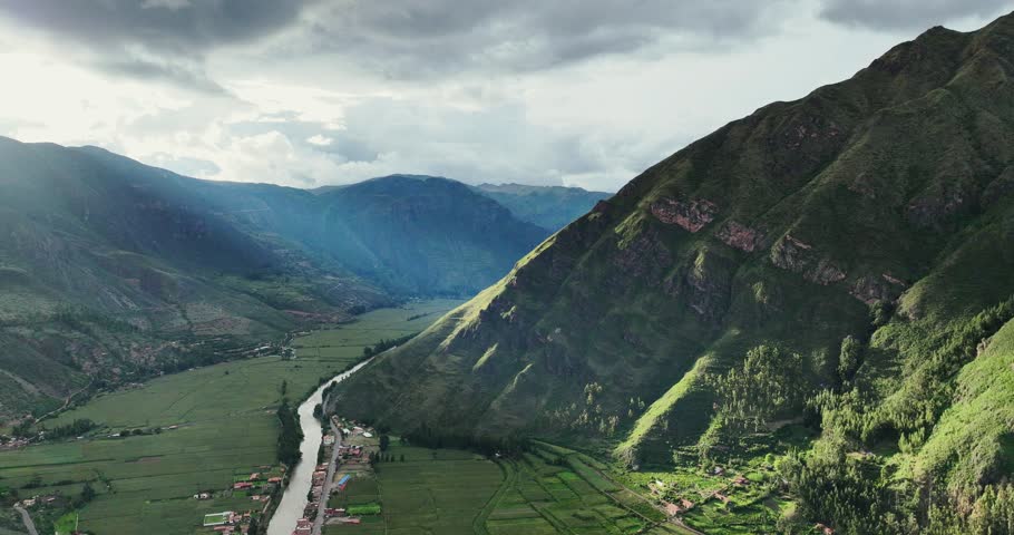 Beautiful aerial view of the Sacred Valley of the Incas in Pisac, Peru. Sunset.
