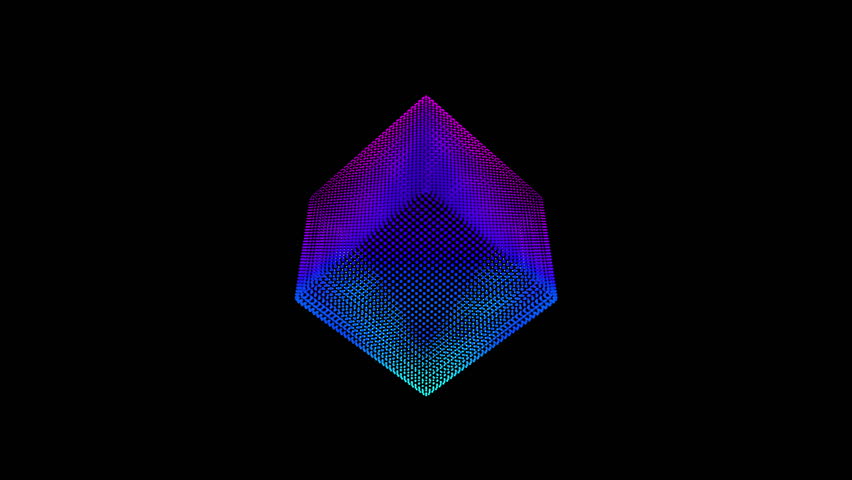 Looped distortion waves on abstract cube of particles. Digital data splash of box point array. Futuristic glitch UI element