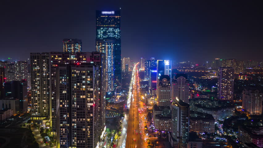 Aerial hyperlapse of evening traffic in downtown Hanoi, Vietnam