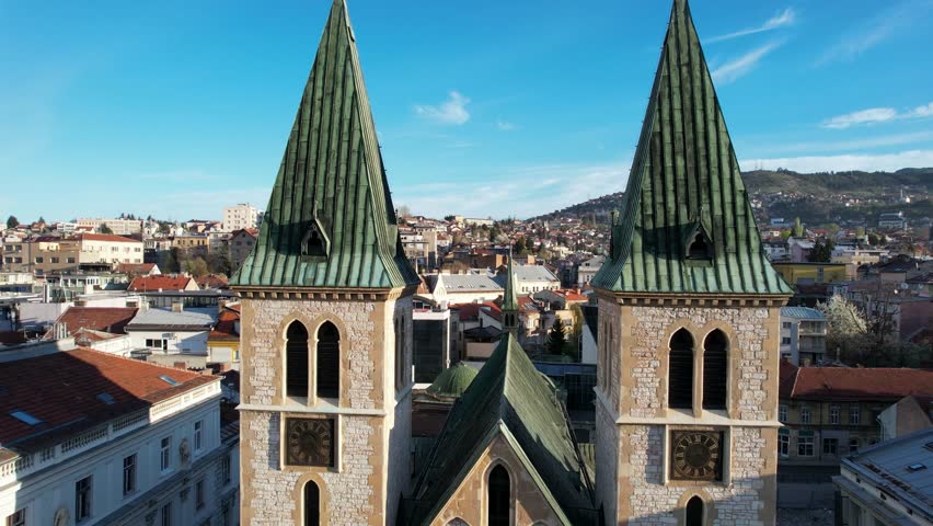 The historic Catholic Church. Sacred Heart Cathedral, located in Sarajevo, the capital of Bosnia and Herzegovina, shooting with a drone, 4k high definition