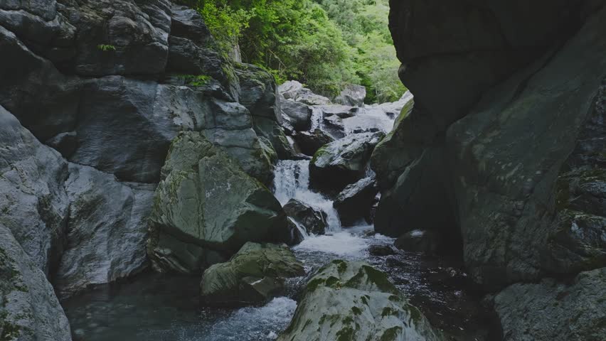 Aerial drone shot of Nikobuchi Falls, a beautiful Niyodo blue lake. Ino Town, Agawa District, Kochi Prefecture