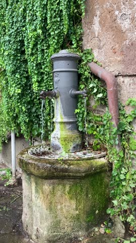 Old working water tap with a basin featuring three dragon head spouts, adorned with moss and green vines hanging down