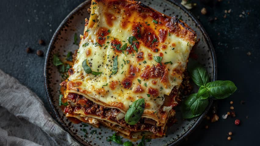 Close-up of homemade lasagna with layers of meat, cheese, and fresh herbs on a rustic plate with bread.