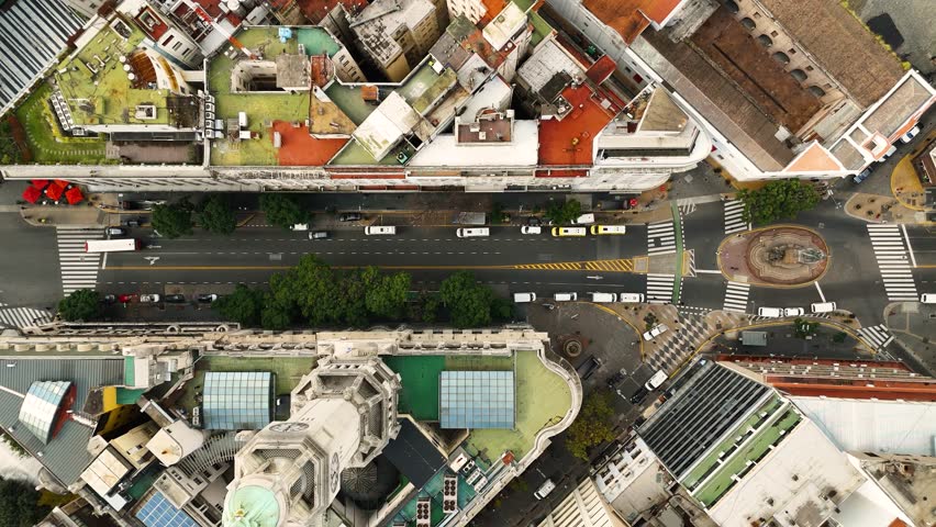 Historic district of Buenos Aires, Argentina. Aerial camera overhead along Diagonal Sur and overflying Plaza de Mayo to Casa Rosada